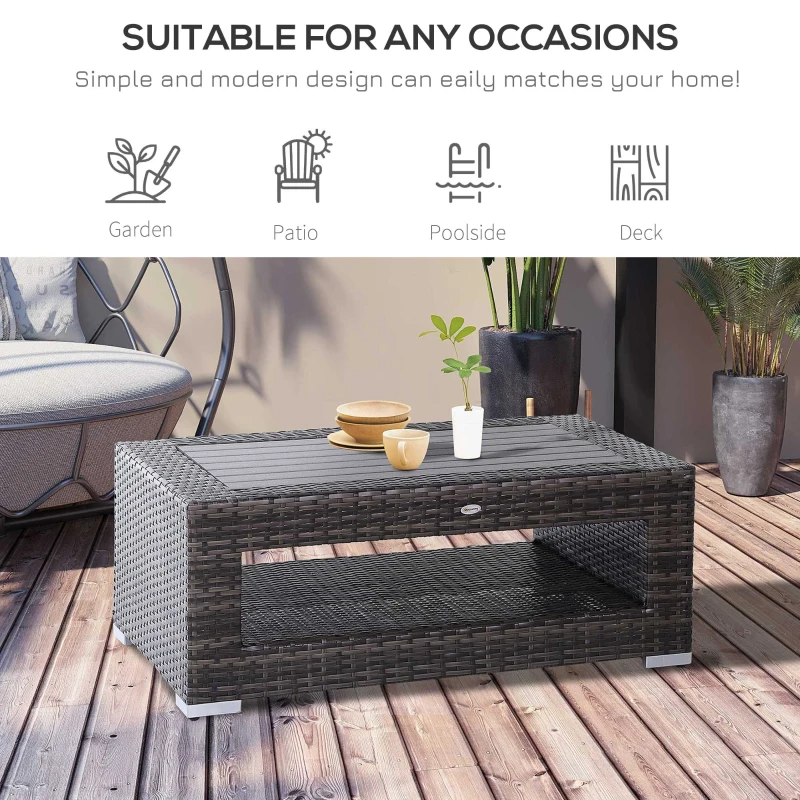 Outsunny Wicker Coffee Table with Height Adjustable Feet, 2 Tier Storage Shelf, Rattan Wicker Patio Table with Deluxe Slatted Top for Outdoor, Patio, Garden, Backyard, Mixed Grey