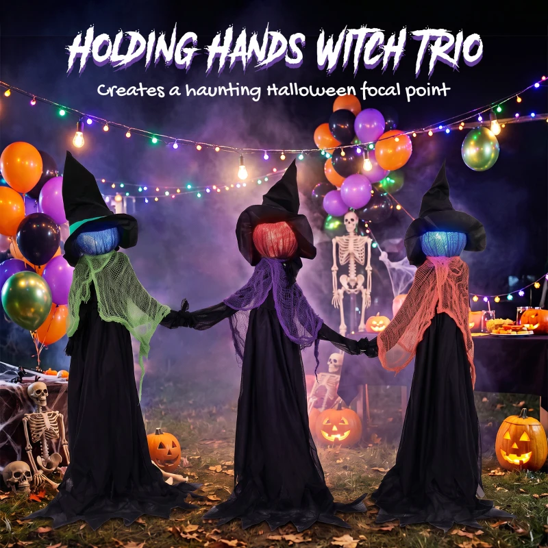 HOMCOM 48" Holding Hands Witch Trio Stake Halloween Yard Decoration, Halloween Witch Decor with Multicolored Light-Up Heads