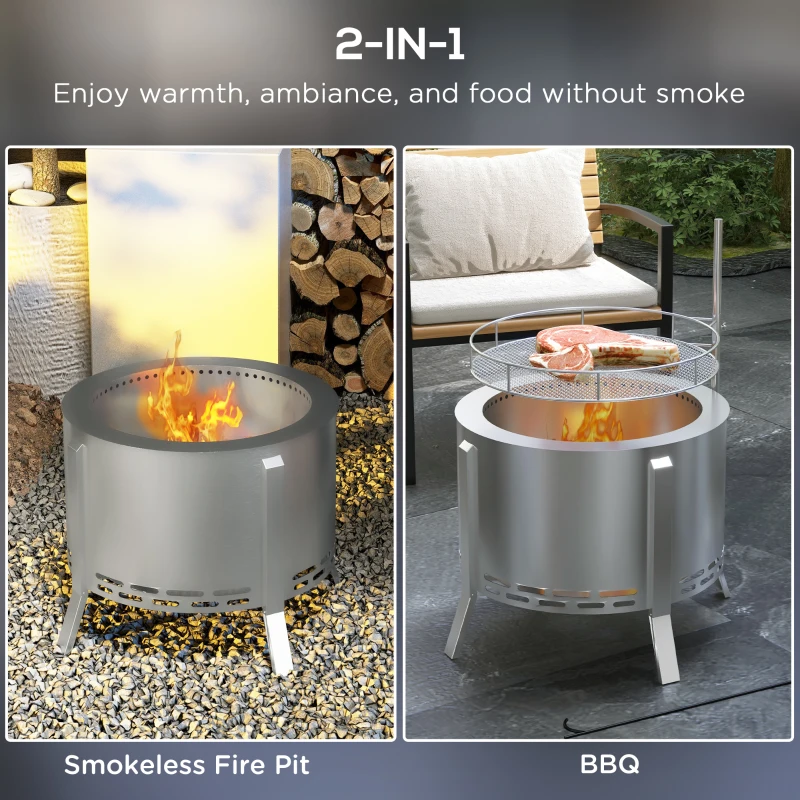 Outsunny 2-in-1 Smokeless Fire Pit BBQ Grill Portable Camping Bonfire Stove with Poker, Stainless Steel, Silver
