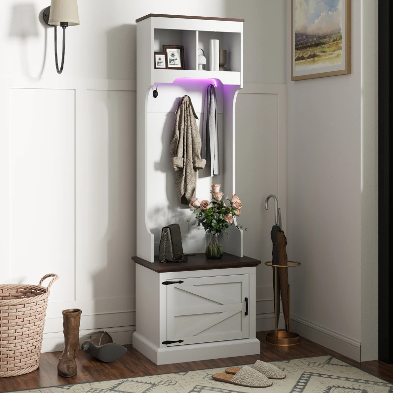 HOMCOM 3-in-1 Hall Tree with LED Lights and Bench, Coat Rack with Shoe Storage, White Wood Grain with Light