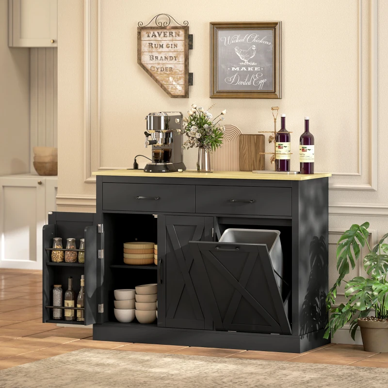 HOMCOM 7 Gallon Tilt Out Garbage Cabinet, Kitchen Island with Charging Station, 2 Drawers, 4 Door Racks, Black