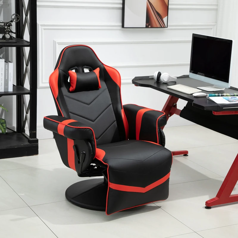 Vinsetto High Back Racing Style Gaming Chair, PU Leather Gamer Recliner Chair with Swivel Pedestal Base, Adjustable Footrest, and Head Pillow, Red