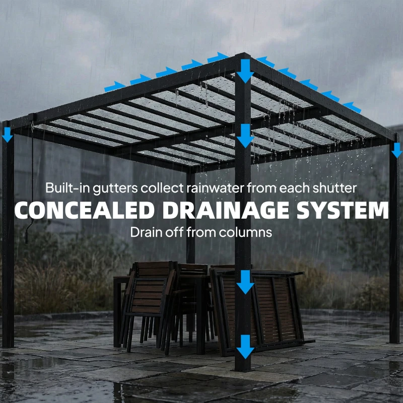 Outsunny 9.5 x 10 ft Louvered Pergola with PC Roof, Aluminium Outdoor Pergola Gazebo with Drainage Gutters, Handle, Clear