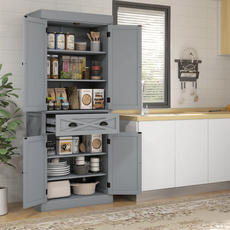 HOMCOM 72" Kitchen Cabinet, Pantry Storage Cabinet with 4 Doors and 2 Adjustable Shelves, Large Central Drawer, Gray