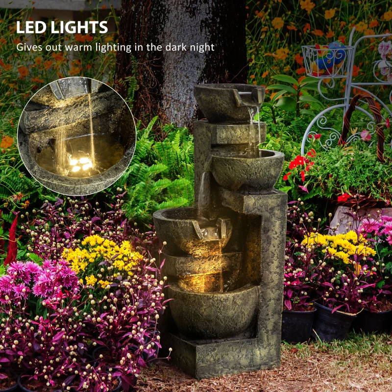 Outsunny Outdoor Fountain Cascading Waterfall with 4-Tier Stone Look Bowls, Adjustable Flow & LED Lights for Patio Garden