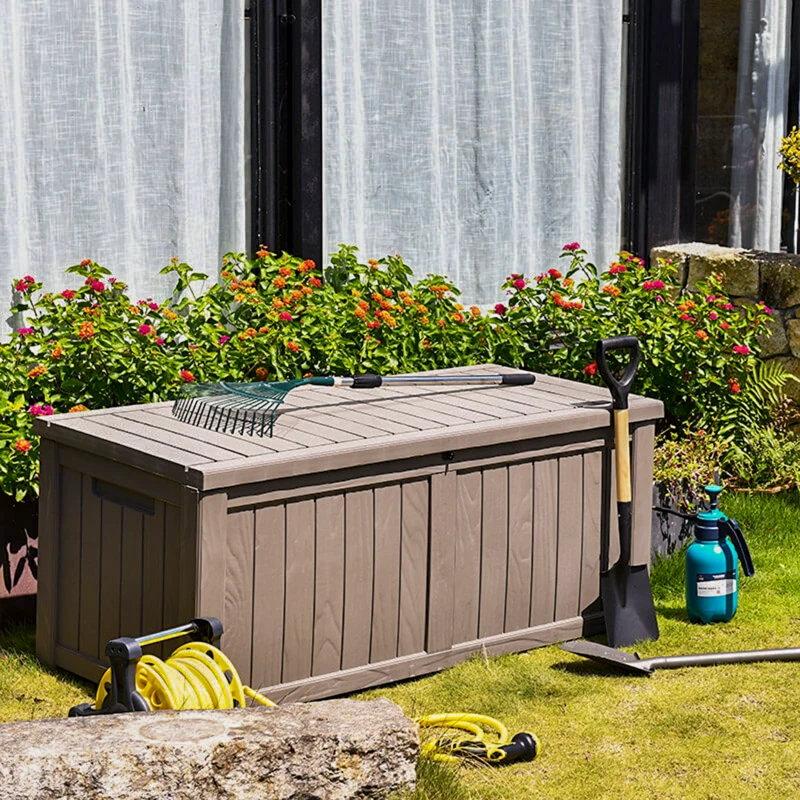 Outsunny Plastic Deck Storage Container Box Outdoor Garden Bench Patio Furniture 77 Gal with Handles, Padlock Eyes, 56" x 26" x 24"