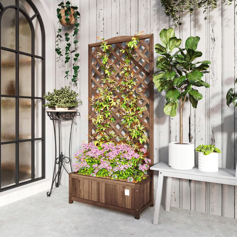 Outsunny Wood Planter with Trellis, Raised Garden Bed to Grow Vegetables for Backyard, 30" x 14" x 67", Dark Brown