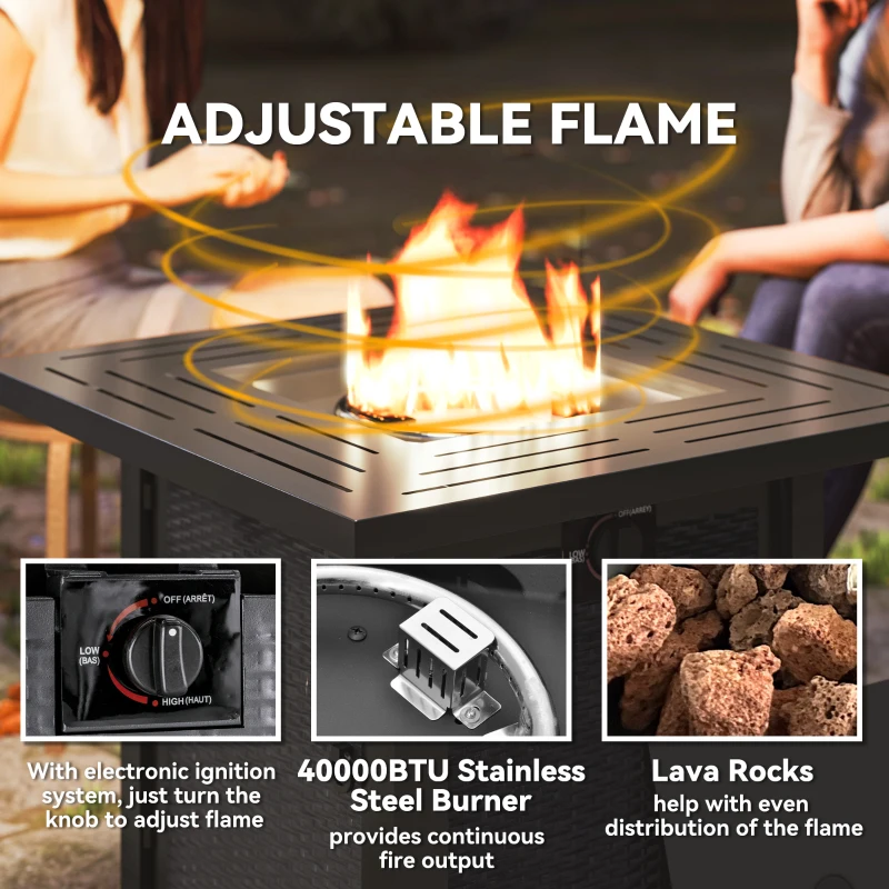 Outsunny Square Gas Fire Pit Table, Smokeless Firepit with Cover, Black