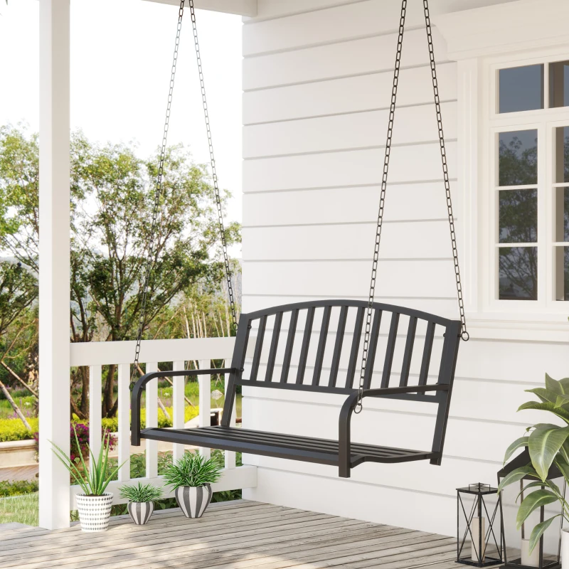 Outsunny 2-Person Metal Outdoor Porch Swing, Hanging Outdoor Swing Chair, 528lb Weight Capacity, Black