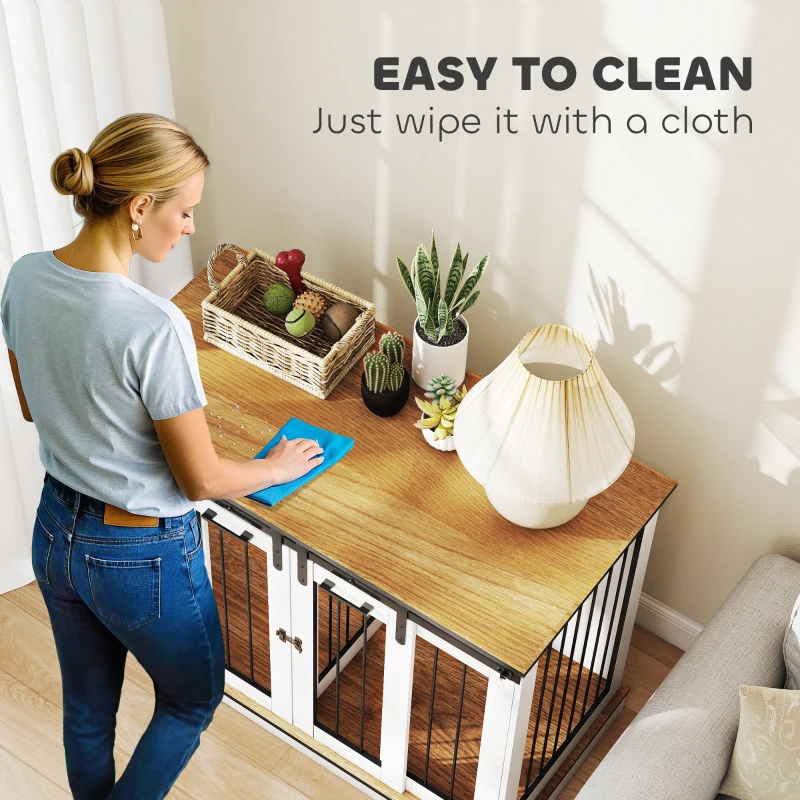 PawHut 47in Dog Crate Furniture with Divider Panel, Wooden Dog Kennel TV Stand for Large Breeds, Pet House Side Table for 2 Small Breeds with 2 Rooms Design, 2 Sliding Doors, White