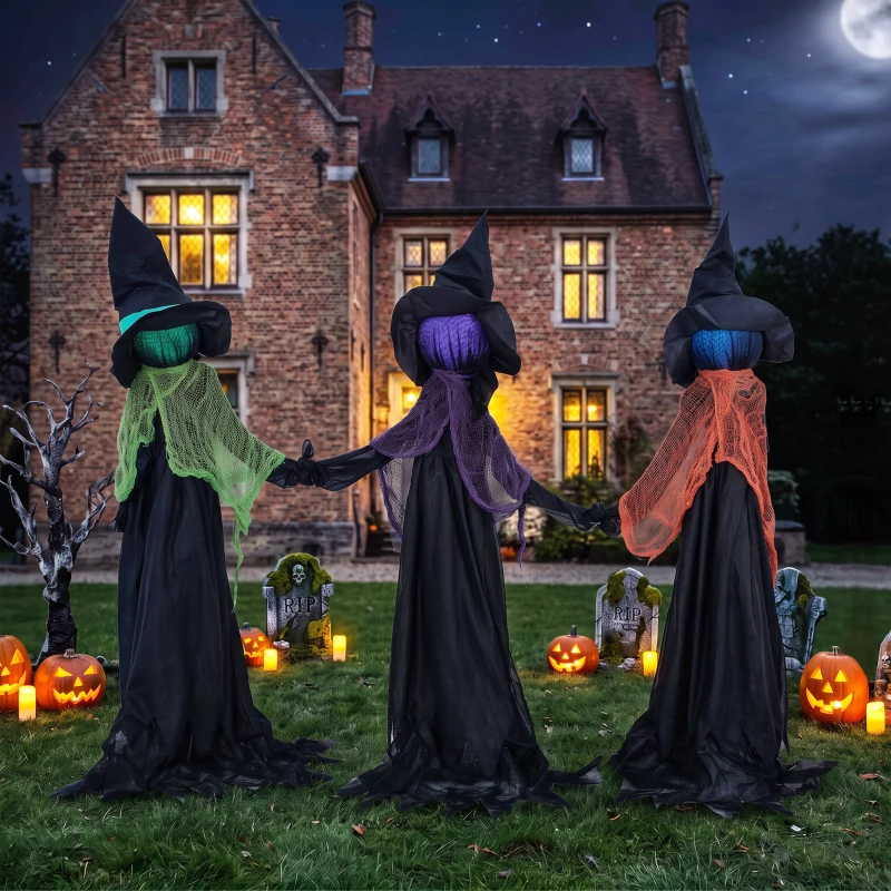 HOMCOM 48" Holding Hands Witch Trio Stake Halloween Yard Decoration, Halloween Witch Decor with Multicolored Light-Up Heads