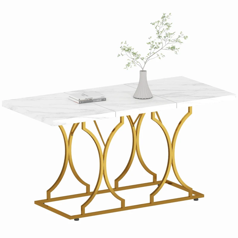 HOMCOM 59-Inch Dining Table for 6, Modern Marble-Pattern Kitchen Dinner Table with Metal Pedestal for Home, Dining Room, White