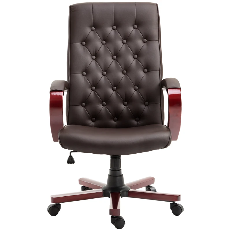Vinsetto High Back Faux Leather Office Chair with Button Tufted Design, Executive Computer Desk Chair with Solid Wood Feet and Arms, Brown