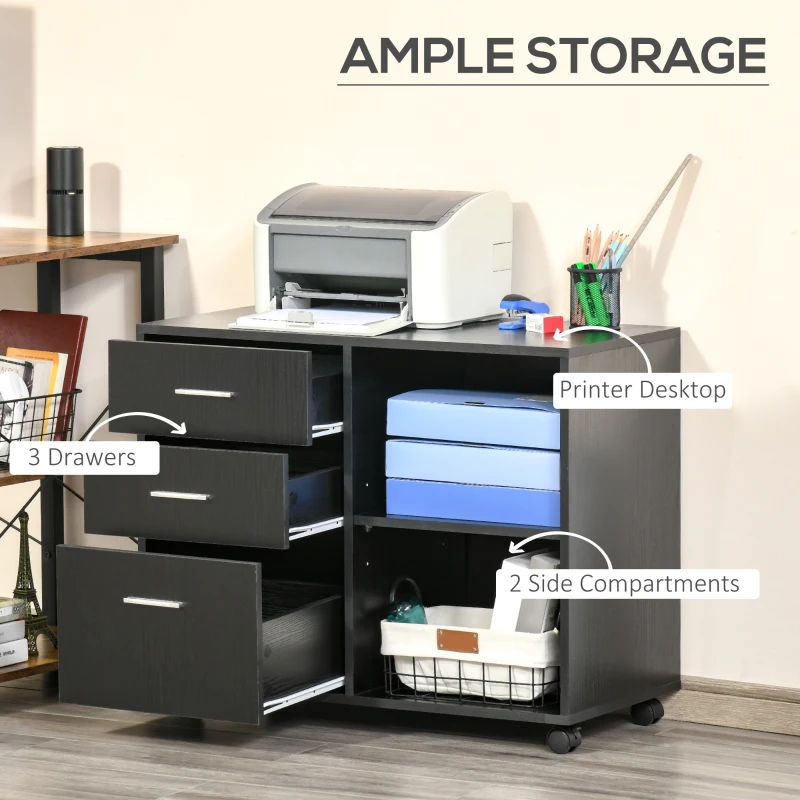 HOMCOM 3 Drawer Printer Stand, Mobile Office Cabinet with 2 Storage Shelves for Home Office, Black