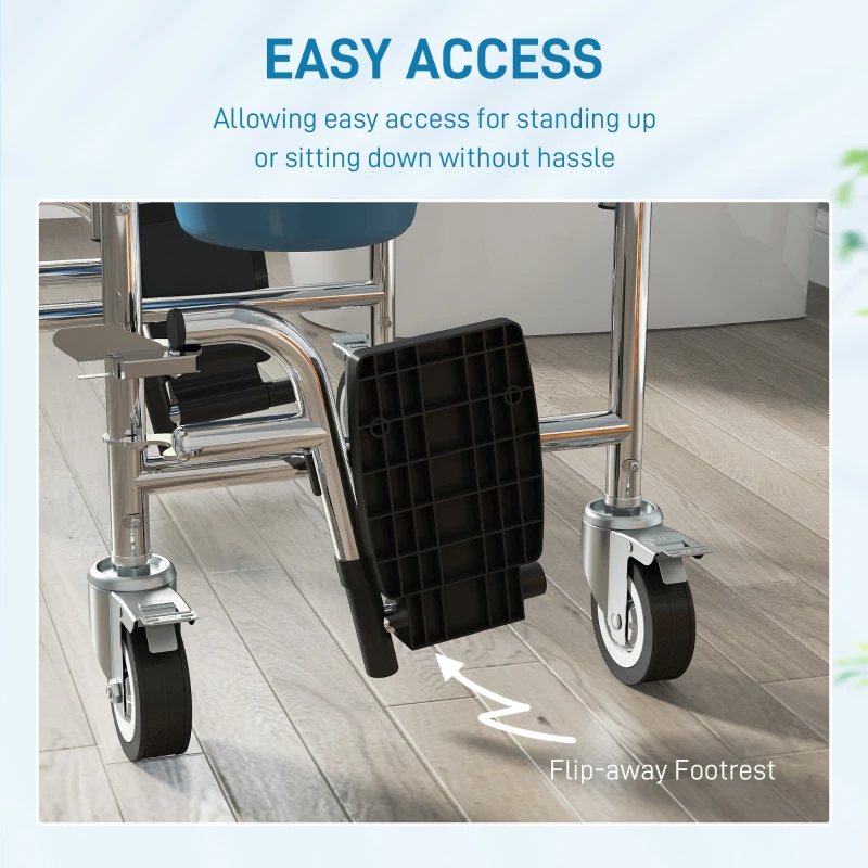 HOMCOM Rolling Shower Chair, Bedside Commode Chair with Wheels, Backrest, Arms, Flip Footrests for Seniors, Disabled, Grey
