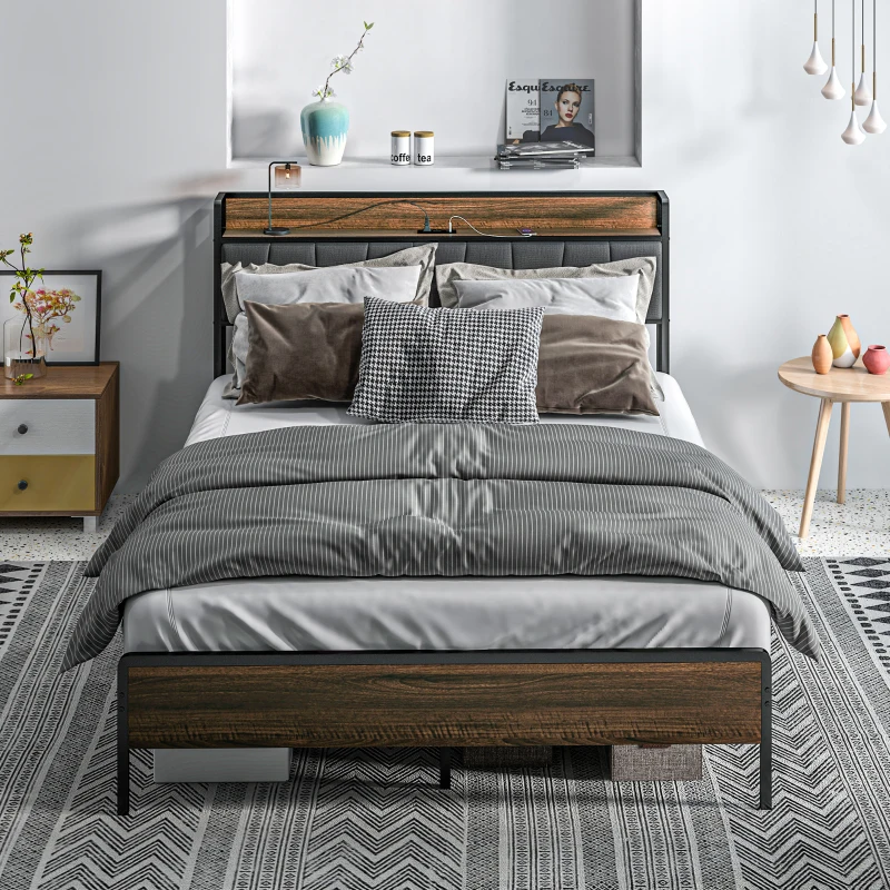 HOMCOM Full Size Bed Frame with Charging Station, Full Bed Frame with Upholstered Headboard and Storage Shelf, Walnut