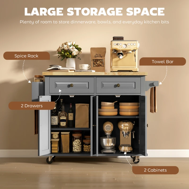 HOMCOM 44" Mobile Kitchen Island Table, Kitchen Island Cart on Wheels with Storage Cabinets, 2 Drawers, Gray