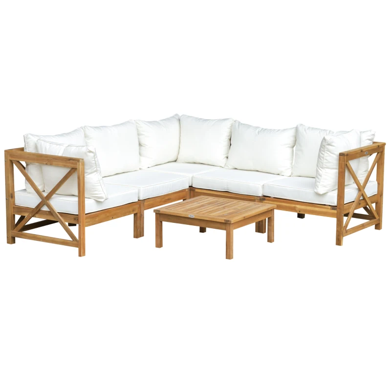 Outsunny 6-Piece Patio Furniture Set, Wooden Conversation Set, Modular Design Sectional Sofa Set with Coffee Table & 8 Pillows for Lawn, Backyard, White