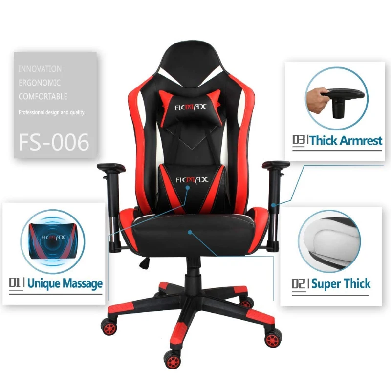 Ficmax Ergonomic  Racing Style Gaming Chair  High-Back Computer  PC Swivel  Seat with Massage Lumbar  Support and Headrest Pillow -Red/Black
