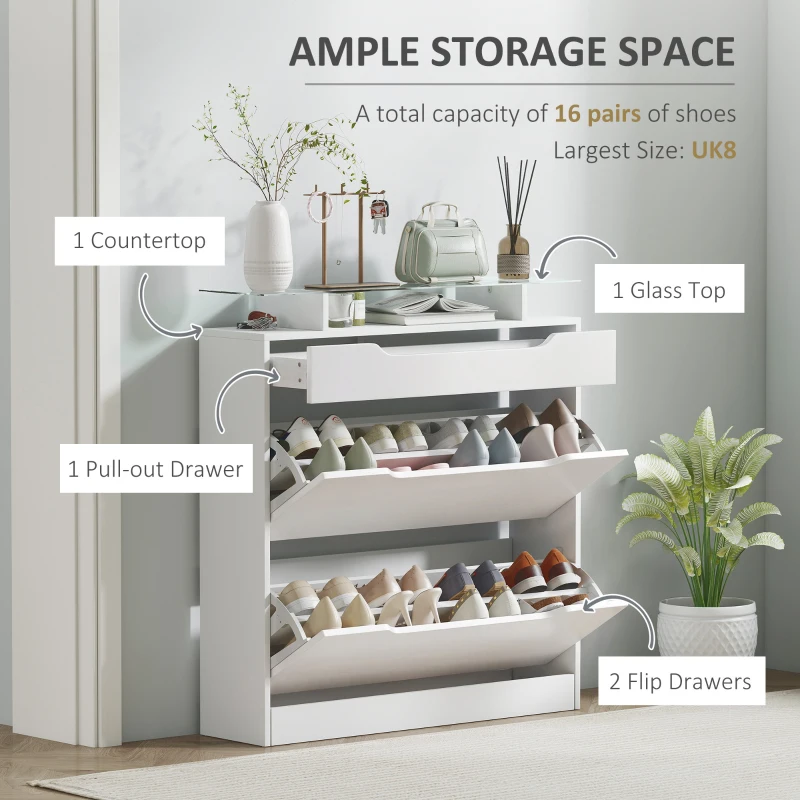 HOMCOM High Gloss Shoe Cabinet with 2 Flip Drawers and Adjustable Shelves, Narrow Shoe Storage Cabinet with Glass Top, White