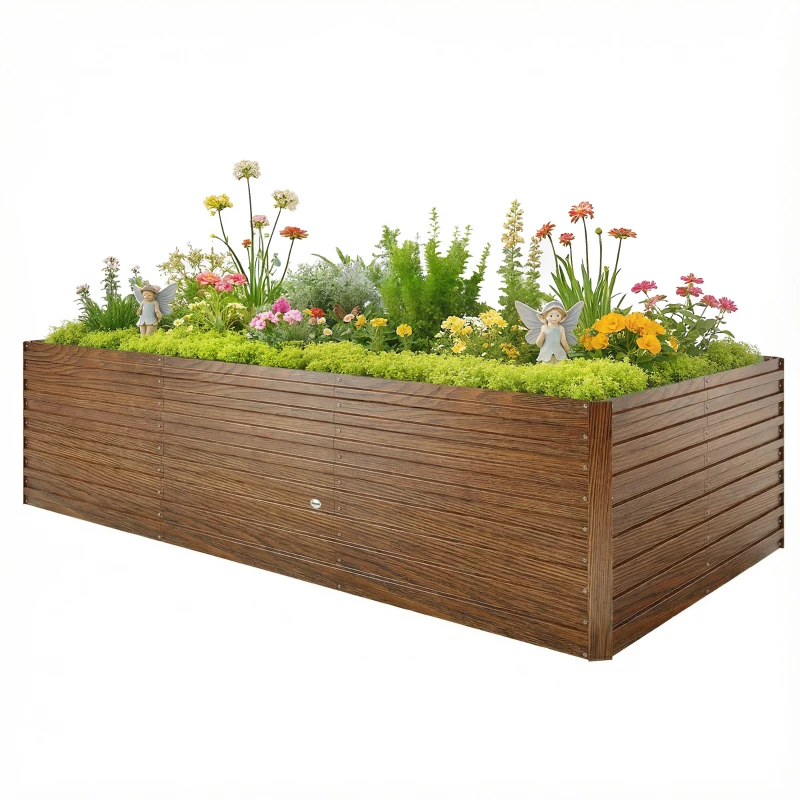 Outsunny 8' x 4' x 2' Raised Garden Bed, Galvanized Planter Box for Growing Flowers, Herbs and Vegetables Dark Brown Wood Effect