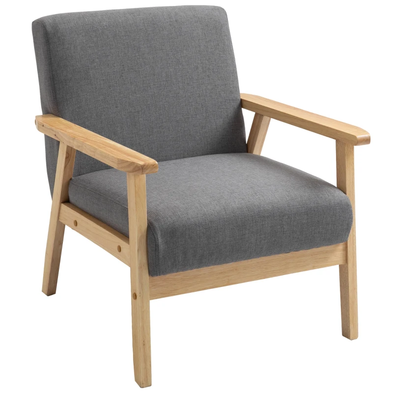 HOMCOM Minimalistic Accent Chairs Wood Frame w/ Thick Linen Cushions Wide Seat Armchair for Bedroom Office, Grey