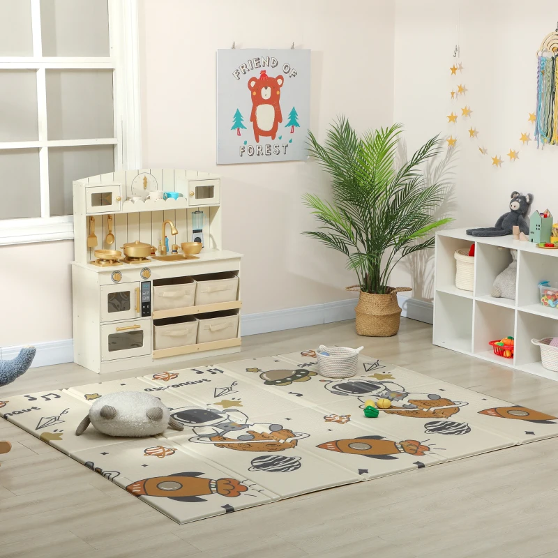 Qaba Foldable Baby Plat Mat, 77" x 69" Kids Floor Mat for Crawling and Learning, Astronaut & Planet Theme