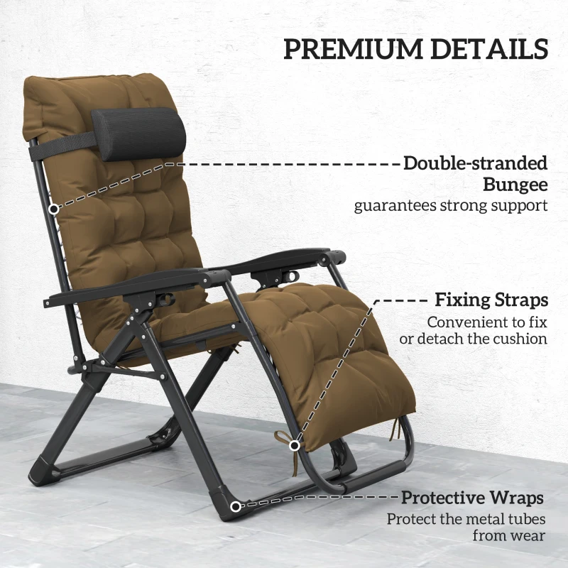 Outsunny Folding Garden Chairs Set of 2, Reclining Zero Gravity Chair, Sun Lounger with Cushion and Headrest, Khaki