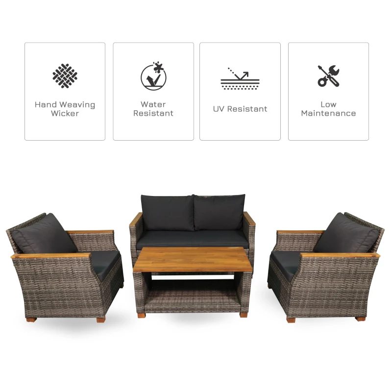 Outsunny 4 Piece Patio PE Rattan Wicker Sofa Set with Acacia Wood Coffee Table, 2 Comfort Single Chairs & 2 Person Couch
