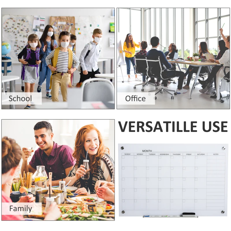 Vinsetto 35"x23" Dry Erase Wall Calendar Glass Whiteboard Monthly Planner for Homeschool Supplies & Home Office Organization with 4 Markers and 1 Eraser,Frameless