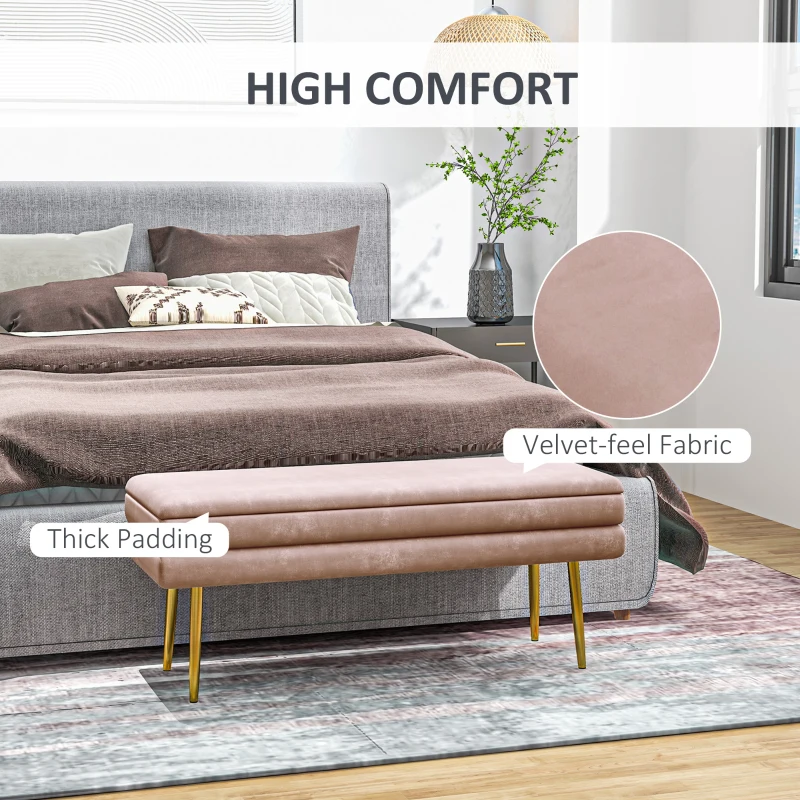 HOMCOM 39" Storage Ottoman, Velvet End of Bed Bench with Steel Legs, Foot Stool with Storage for Bedroom, Living Room, Pink