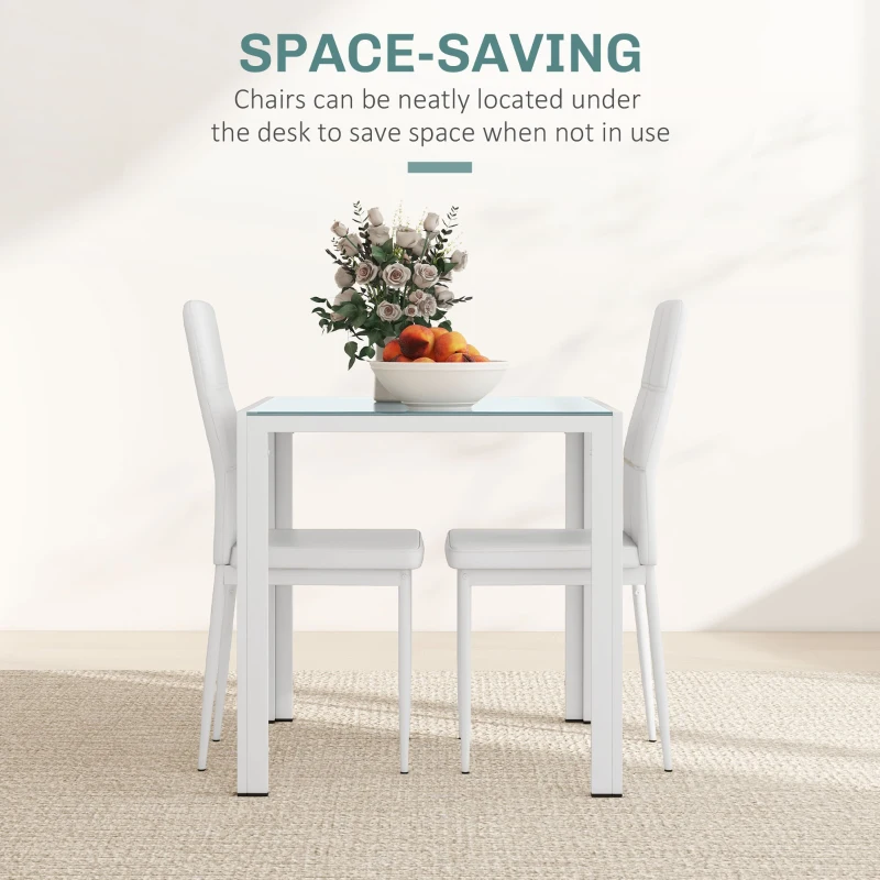 HOMCOM 3-Piece Rectangular Glass Kitchen Table and Chairs with Metal Frame and Faux Leather Upholstery for Dining Room, White
