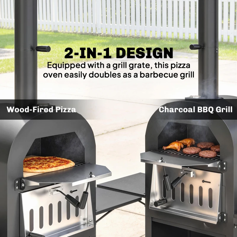 Outsunny Outdoor Wood Fired Pizza Oven with Side Shelves and Open Cabinet, Pizza Maker on Wheels with Thermometer, Stone, Peel