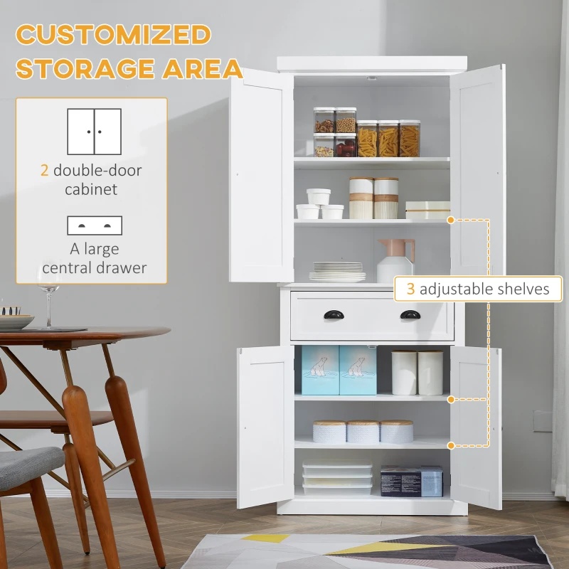 HOMCOM 72.5" Kitchen Pantry Cabinet, Traditional Freestanding Storage Cabinet with 4 Doors, Drawer and 3 Adjustable Shelves for Dining Room, White