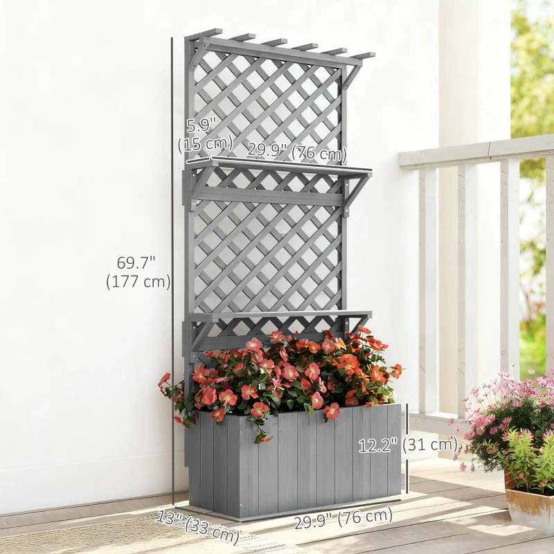Outsunny Raised Garden Bed, Wooden Planter with Trellis, Hanging Roof, Plant Shelf, Drainage Holes and Bed Liner, Grey