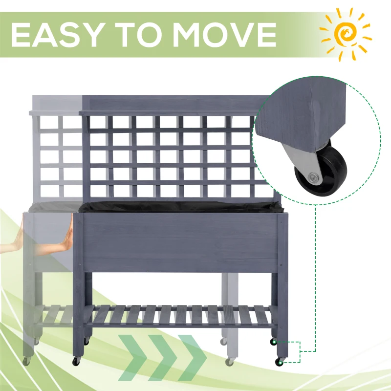 Outsunny 41" Raised Garden Bed Mobile Elevated Wooden Planter Box Stand with Wheels, Trellis and Storage Shelf, Gray