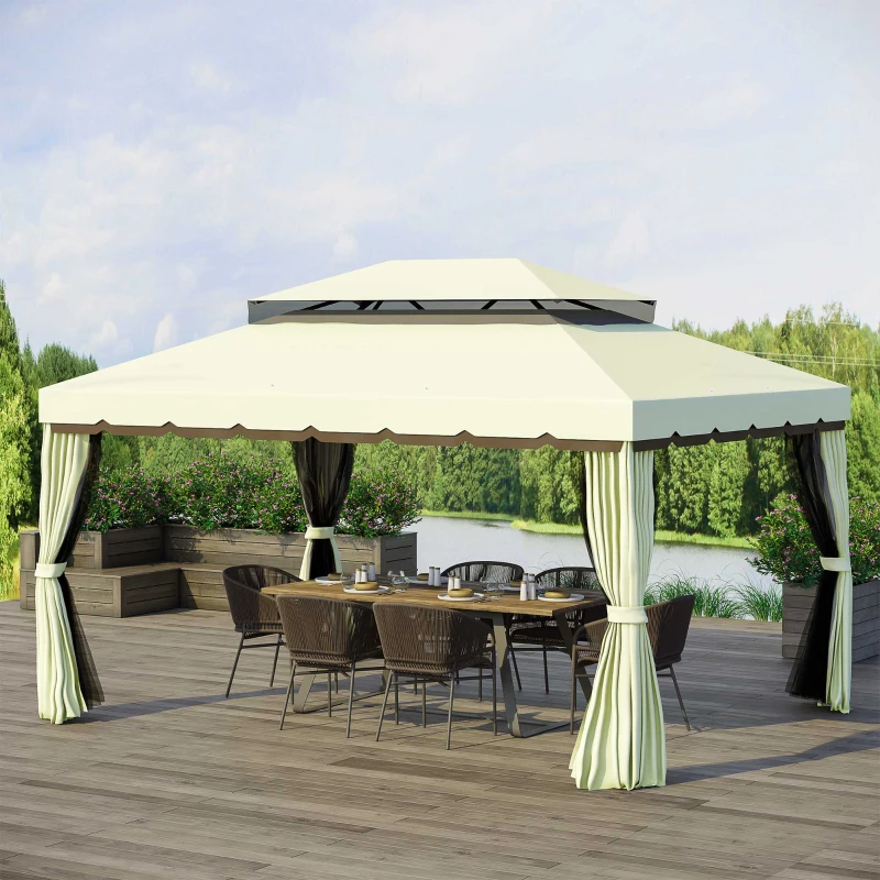 Outsunny 9.5' x 13' Patio Gazebo, Aluminum Frame Double Roof Outdoor Gazebo Canopy Shelter with Netting & Curtains, Cream White