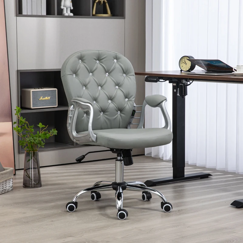 Vinsetto Button Tufted Desk Chair, Home Office Chair with Padded Armrests, Adjustable Height and Swivel Wheels, Gray