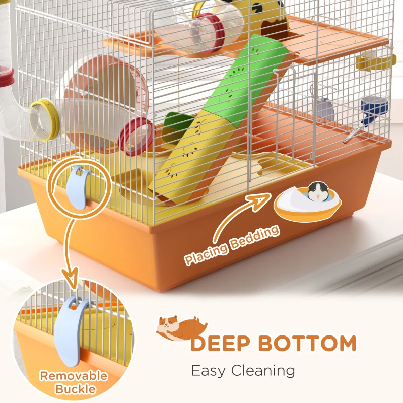 PawHut 3 Tiers Hamster Cage for Gerbil, Dwarf Hamster with Tunnels, Water Bottle, Exercise Wheel, 18" x 11" x 15" - Orange