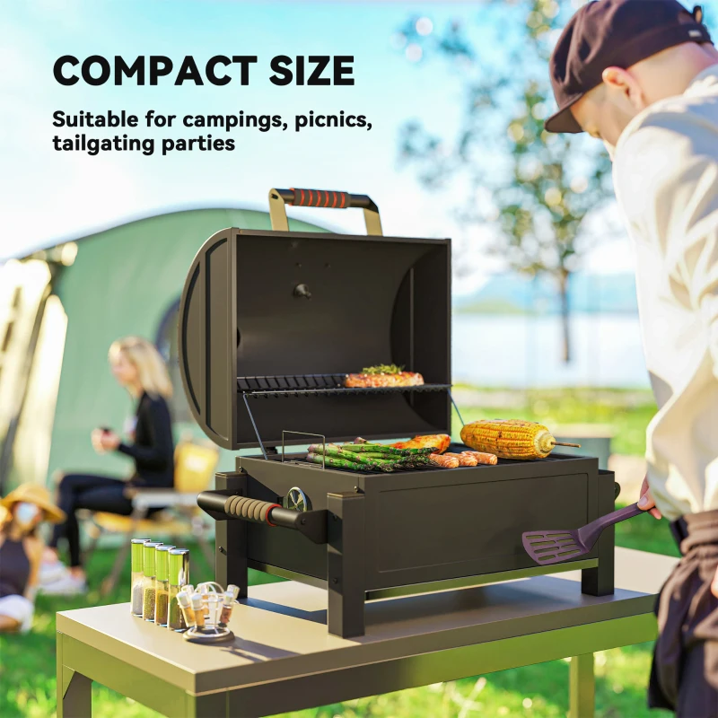 Outsunny Tabletop Charcoal Smoker, Portable BBQ with Ash Catcher and Thermometer for Backyard, Camping, Picnic, Black