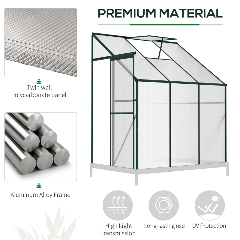 Outsunny Walk-In Garden Greenhouse Aluminum Polycarbonate with Roof Vent for Plants Herbs Vegetables 6' x 4' x 7' Green