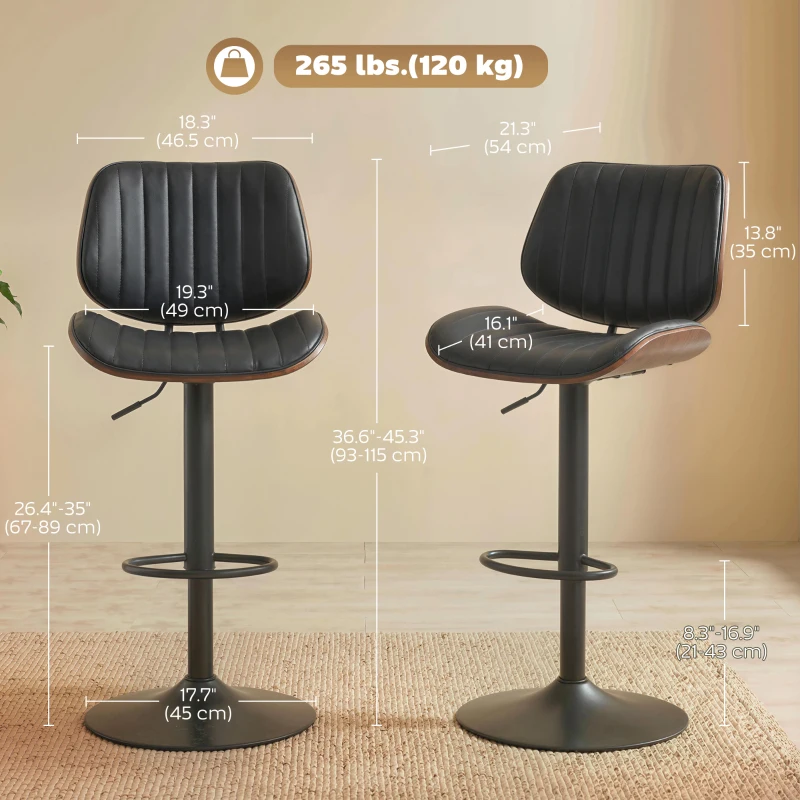 HOMCOM Bar Stools Set of 2, Swivel Counter Height Barstools with Back, Adjustable Height, Black