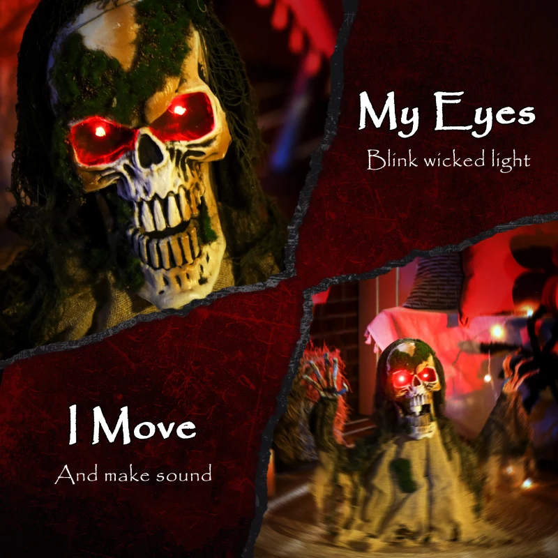 Outsunny Halloween Animated Skeleton with Glowing LED Eyes, Animatronic Halloween Decorations, Battery Operated