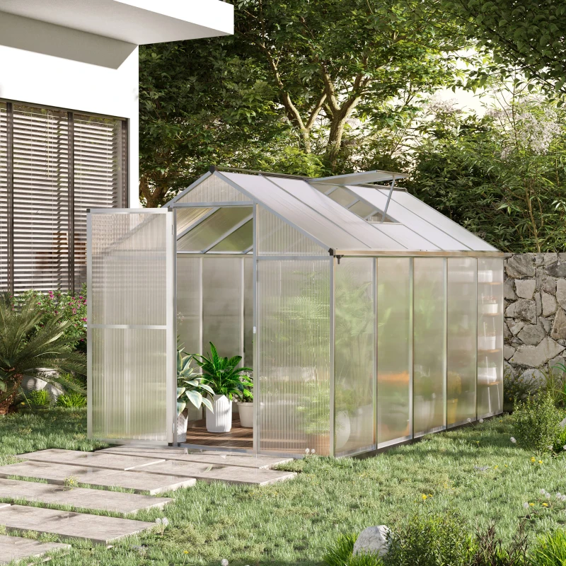 Outsunny 10' L x 6' W Walk-In Polycarbonate Greenhouse with Roof Vent for Ventilation & Rain Gutter for Winter