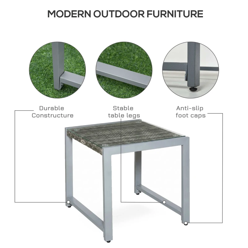 Outsunny Rattan Coffee Table, Wicker Patio Side Table with Tempered Glass Top and Aluminum Frame for Outdoor, Garden, Gray