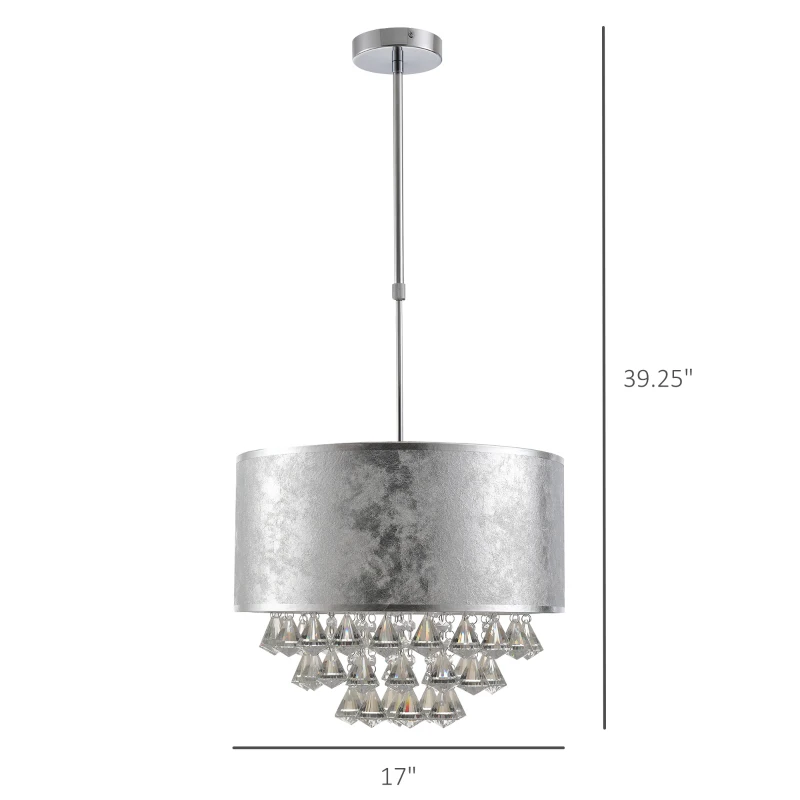HOMCOM Modern Crystal Chandelier Light with Adjustable Hanging Pole, Ceiling-Connecting Metal Round Base, Grey