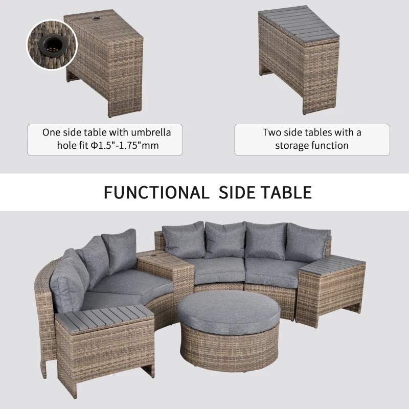 Outsunny 8 Piece Outdoor Rattan Sofa, Half Round Patio Furniture Set with Side Tables, Umbrella Hole, and Cushions, Mixed Kahki and Mixed Gray
