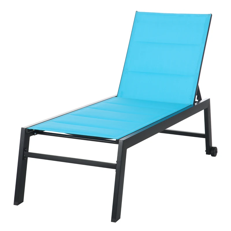 Outsunny Outdoor Chaise Lounge with Wheels, Five Position Recliner for Sunbathing, Suntanning, Steel Frame, Breathable Fabric for Beach, Yard, Patio, Blue
