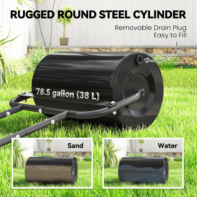 Outsunny Heavy Duty Lawn Roller, 20" Push/Tow Behind Sod Roller, Grass Flattener Filled with 11gal Water/136lbs Sand, Black