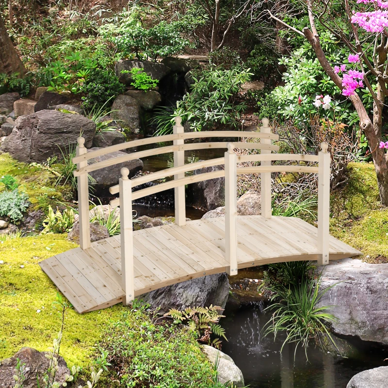 Outsunny Fir Wood Garden Bridge Arc Walkway with Side Railings for Backyards, Gardens, and Streams, Natural Wood, 89.75" x 29.5" x 43.25"